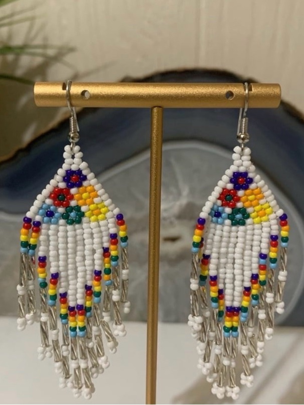 White Beaded Fringe Earrings with Rainbow Floral Accents